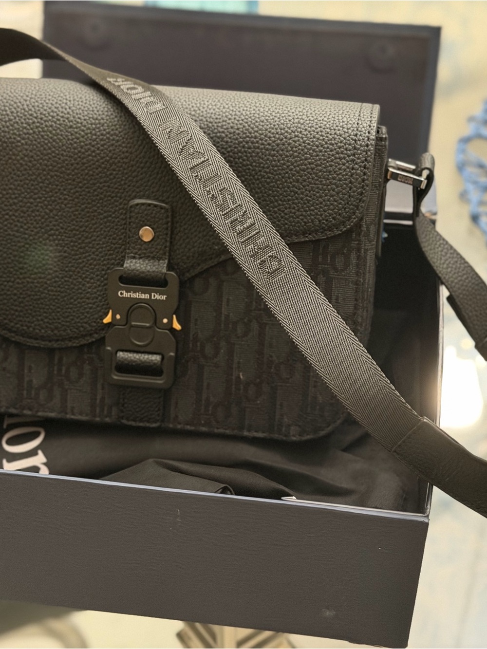 Dior Black Embossed Canvas & Leather Messenger Bag